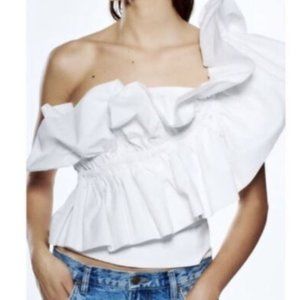 Zara Asymmetrical Ruffle Poplin Top White Size Small